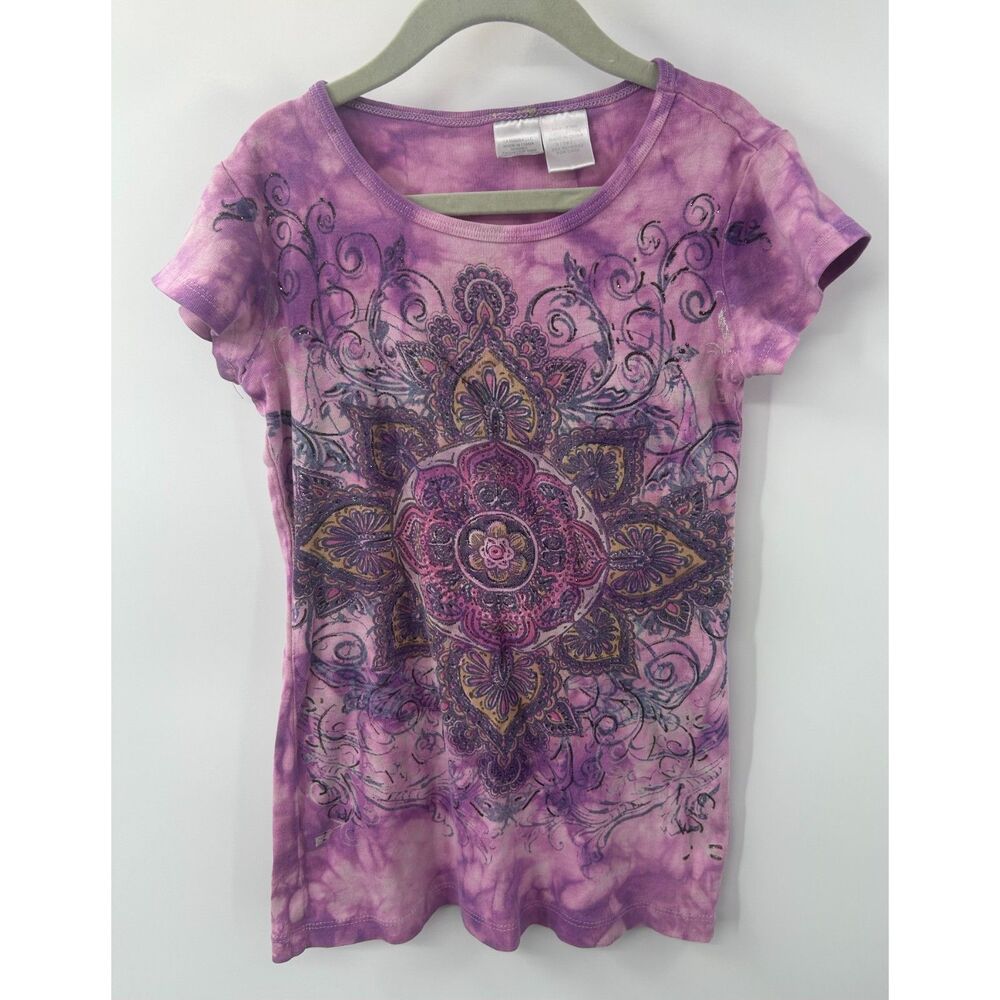 Y2K Boho Grunge Purple Tie Dye Mandala Graphic Tee Shirt Girl's S 7/8